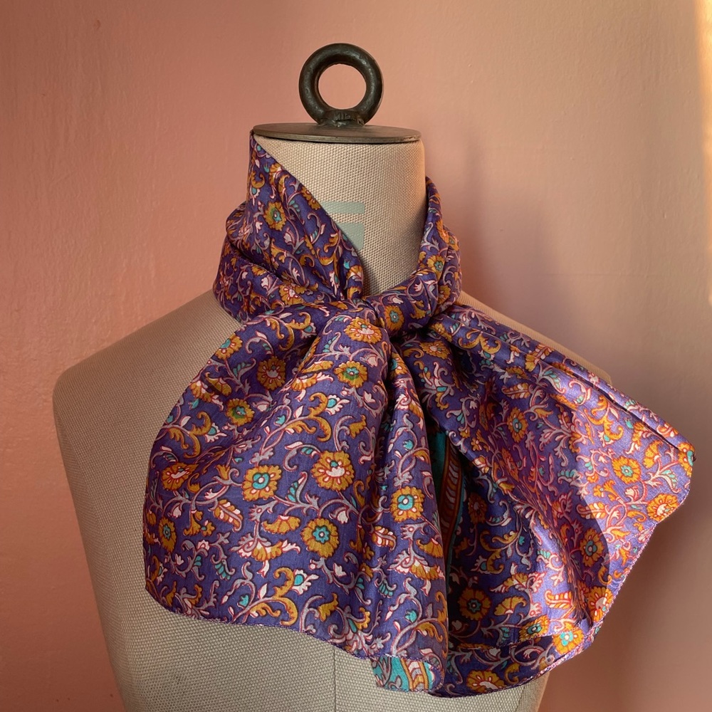 New Purple/blue flower print vintage handmade silk scarf.